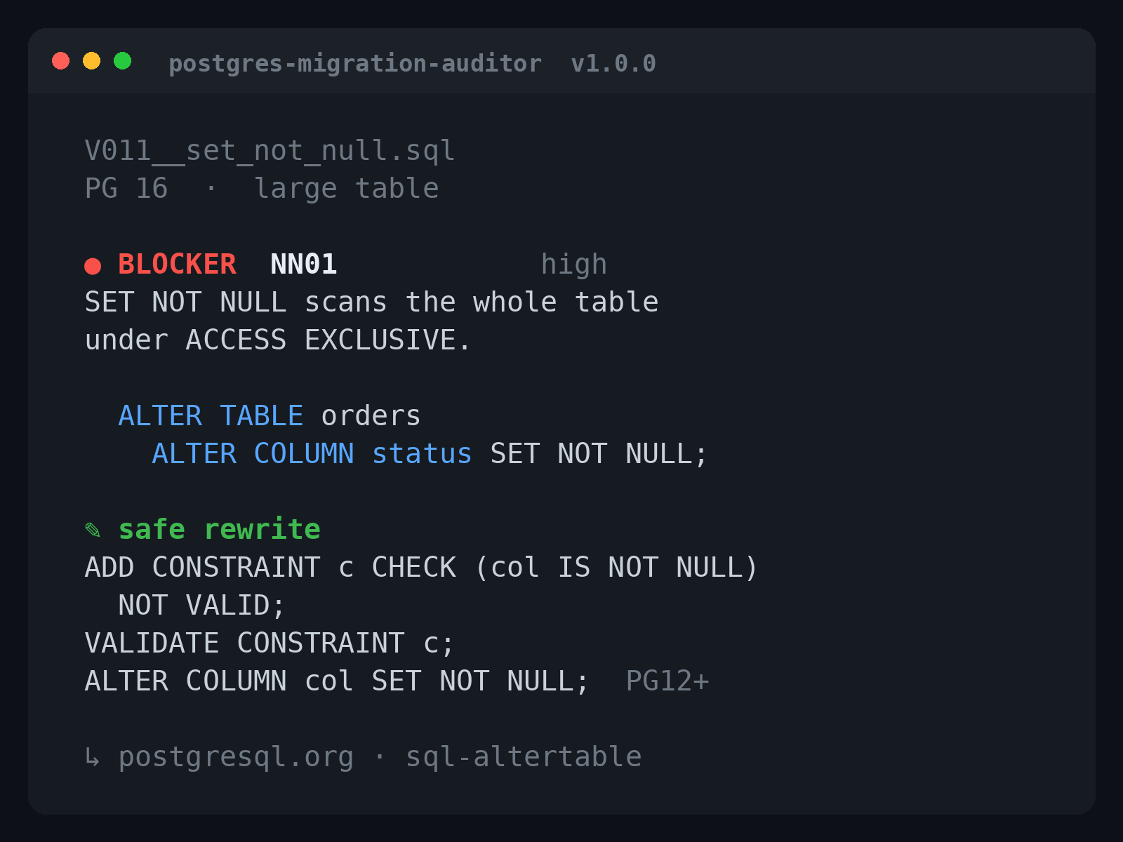 Auditor output flagging a SET NOT NULL migration as a blocker, with the safe rewrite
